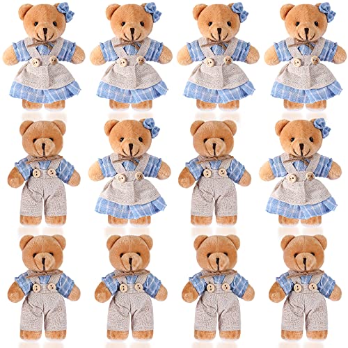 12 Pièces Mini Animaux Ours en Peluche, Mini Couple Ours avec Vêtements en Toile de Lin Petit Jouet Ours pour Décor de Mariage Anniversaire Fête de Noël (Bleu, Blanc, Style Mignon) Cover