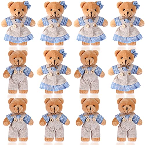 12 Pièces Mini Animaux Ours en Peluche, Mini Couple Ours avec Vêtements en Toile de Lin Petit Jouet Ours pour Décor de Mariage Anniversaire Fête de Noël (Bleu, Blanc, Style Mignon)