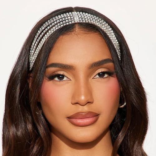 NAISKA Silver Crystal Rhinestone Head Chain Multi Layered Elastic Rhinestone Headband Wedding Bridal Forehead Headpieces Caps Party Prom Hair Jewelry for Women and Girls