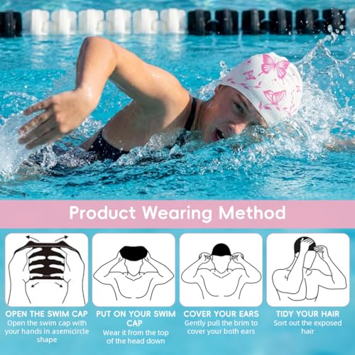 Image of Proberos Swimming Cap for Women & Girls, Waterproof Silicone, Pressure-Free Fit Swim Cap, Long Hair Swimming Head Cap, Wrinkle-Free Women Swim Pool Cap for Long Hair, Butterfly Prints