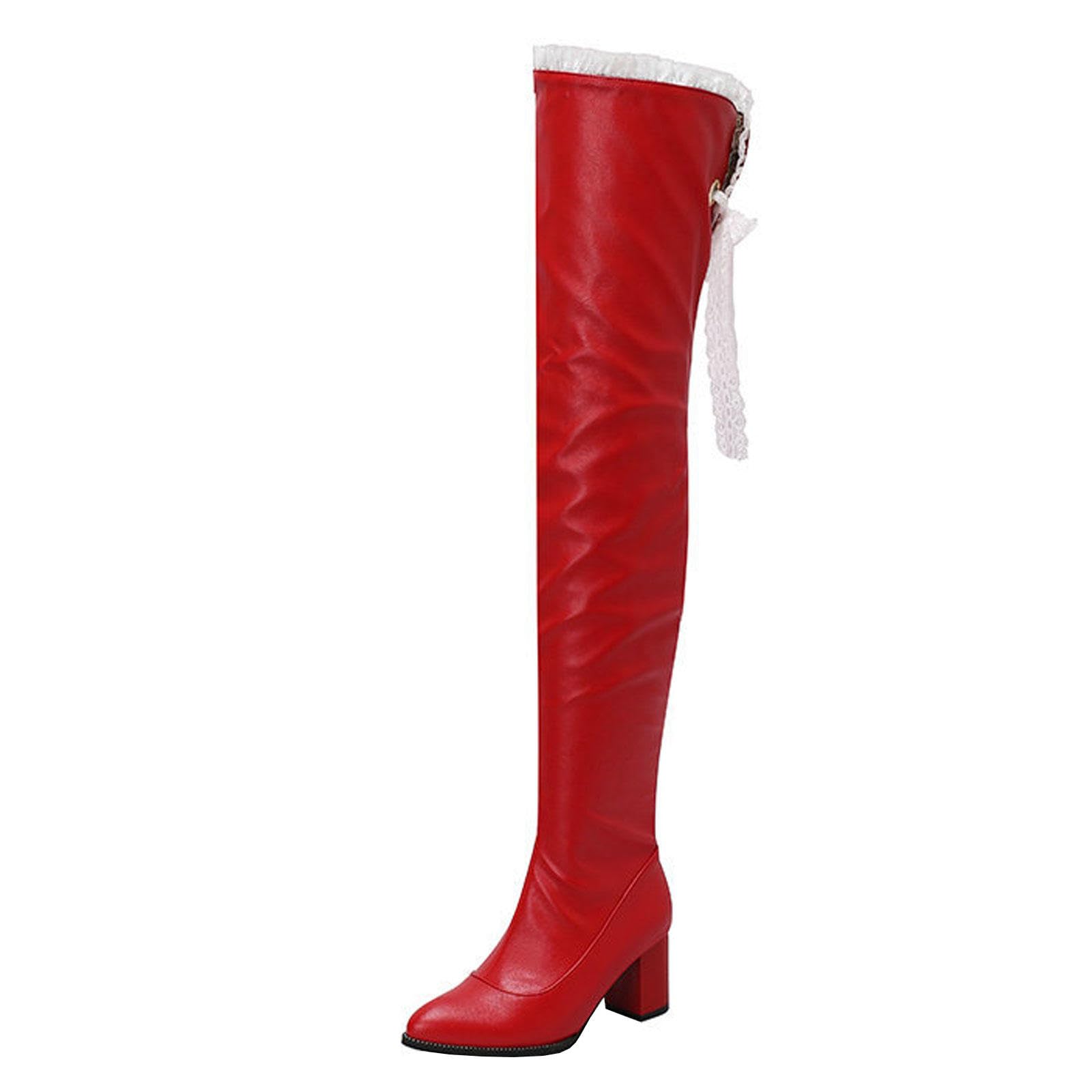 Tacchi Alti Stivali Alti Fino Alla Coscia Donna Punta Tacco Spesso Pizzo Sopra Ginocchio Scarpe Festa Décolleté 6,5cm,Red-39