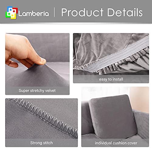 Lamberia High Stretch Sofa Cover For 3 Cushion Couch 4 Pieces Thick &Washable Plush Velvet Sofa Slipcover Couch Cover Furniture Protector For Dogs,Pets&Kids(Sofa-L,Silvergray) #TOP2