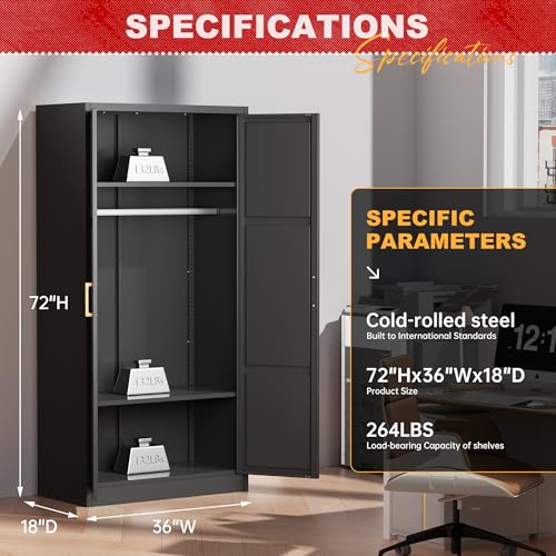 Superday Metal Wardrobe Closet, 72" H Bedroom Armoires with Wooden Handle, Storage Cabinet with Adjustable Shelves and Hanging Rods, Steel Storage Locker Closet for Home, Office, Employee, Gym (Black) - Image 4