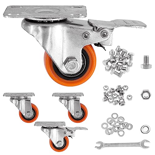 Swpeet 53Pcs 1.5 Inch Swivel Plate Casters Wheels, Heavy Duty Casters 2 with Brakes 2 without Brakes, Safety Dual Locking Casters with Wrench Screws, No Noise Polyurethane Wheels Casters for Furniture