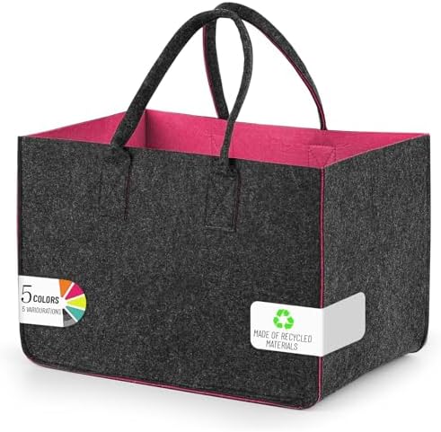 Sinand 30L Einkaufskorb, Einkaufstasche mit Henkel, Robust/Gut Verarbeitet/Faltbar Die Filztasche Storage für Outdoor Trips, Picknick, Einkaufen Außen (Dunkelgrau - Rosérot)