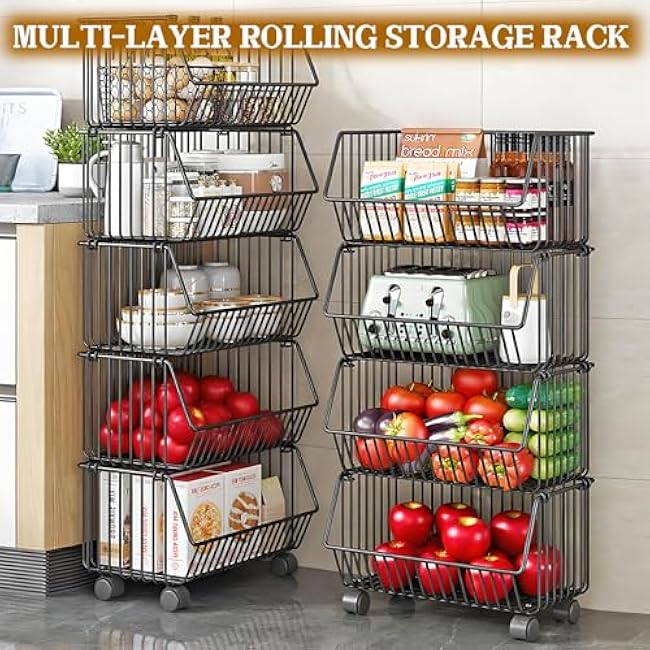 Stackable Metal Storage Cart Utility Cart on Wheels Fruit Vegetable Storage Basket Snack Rack Multi-Layer Shelf Countertop Organizer Kitchen, Bathroom, Living Room, Office Organization-KkuNG93s