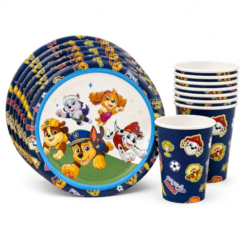 BeenSmile Vaisselle Pat Patrouille pour Anniversaire, Pack de 8 Assiettes Jetables 23 cm et 8 Gobelets, Set de Fête pour Enfants, Gâteau, Goûter et Boissons