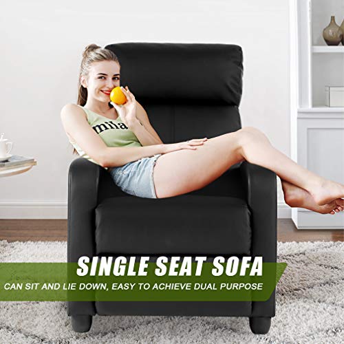 Image of PayLessHere Recliner Chair Single Reclining Sofa Home Theater Seating with Lumbar Support and Padded Backrest for Living Room and Bedroom (Leather, Dark Black)