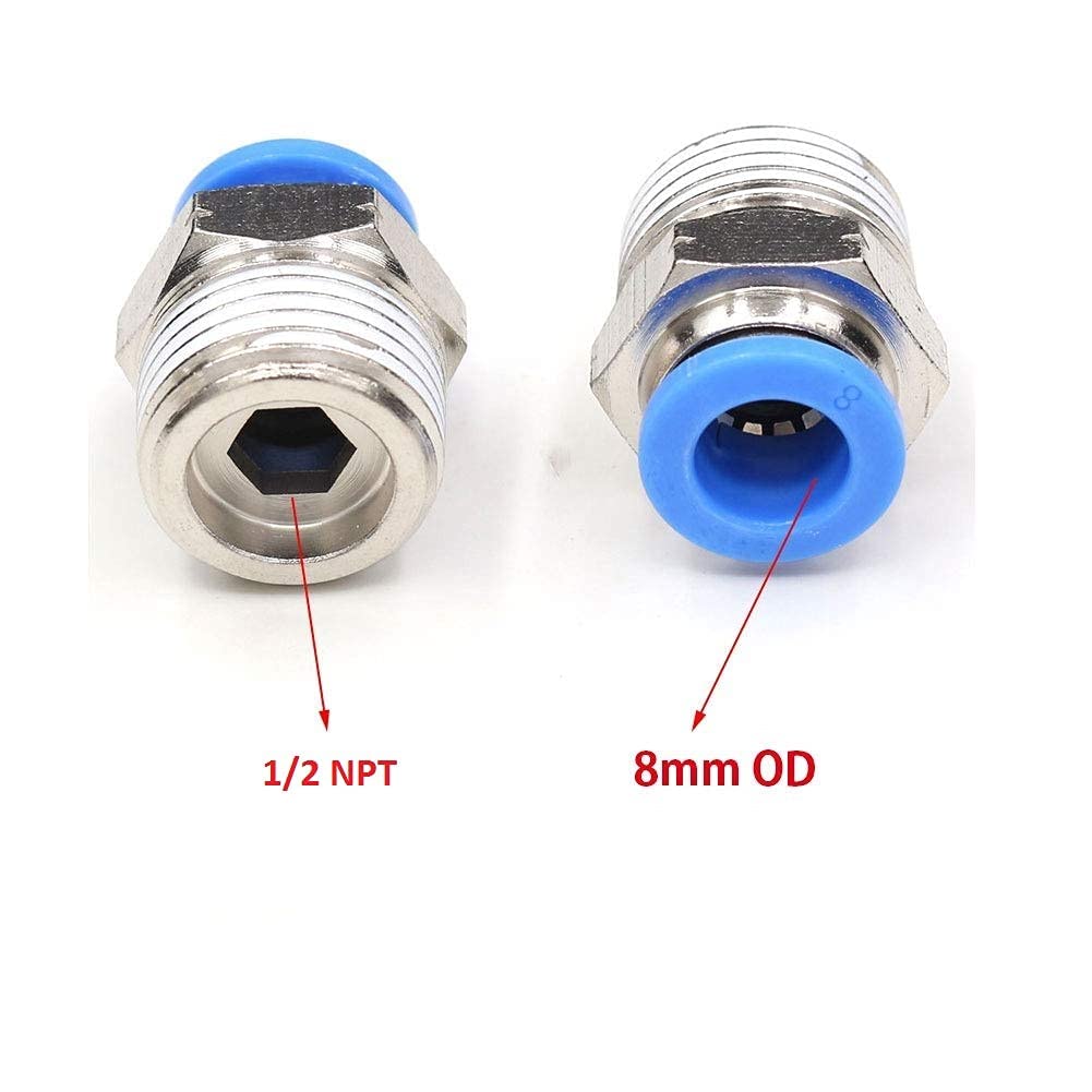 Pneumatic Straight Push to Quick Connect Fittings 1/2 Inch Male X 8mm Tube OD(Pack Of 2)