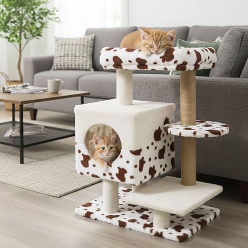 Árbol para gatos pequeño de 30 pulgadas con poste rascador y casa miniatura 3