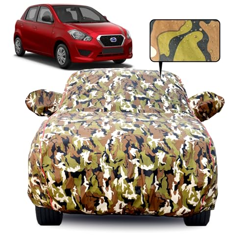 Image of Waterproof Car Body Cover for Renault Datsun Go with Mirror Pocket, Soft Cotton Lining, Triple Stitched, Full Bottom Elastic (Heat Resistant Jungle Print with Red Piping)
