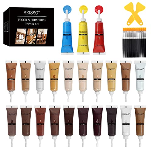 SEISSO Kit de Reparación de Muebles de Madera - Juego de 50 piezas, 24 Colores de Relleno para Toque de Madera, Pintura de Reparación con Raspador y Brochas para Reparar Rayaduras, Grietas, Manchas y Agujeros en Mesas, Laminados, Gabinetes y Pisos