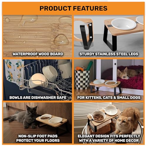 Elevated Cat Bowl Stand for Food and Water – Anti-Vomit Raised Feeding Station with Tilted Stand – Removable Stainless Steel Bowls, Anti Slip Bamboo Base, Dishes for Cats, Kitten, Small Dogs & Puppies - Image 4