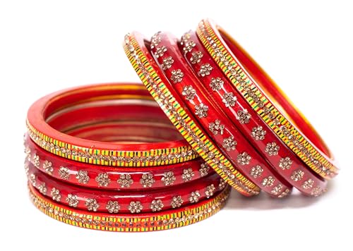 Image of Swara Creations Lah /Lac bangles red color Set, LAHTHI Churi Kundan work for Women and Girls(8 pcs)