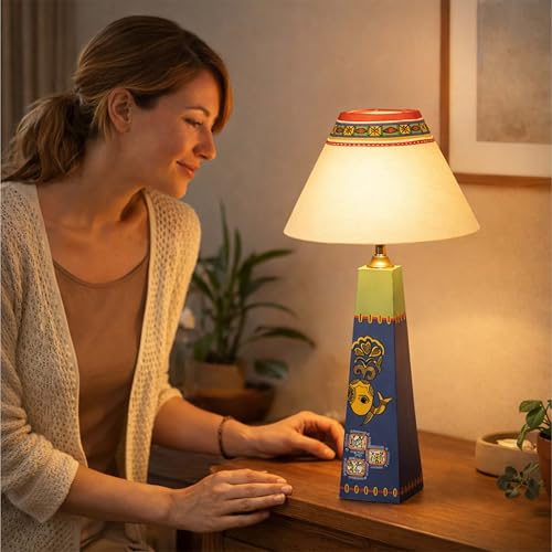 Image of AAKRITI ART CREATIONS MDF Board Table Lamp for Study Room, Bedroom & Living Room Decoration | Madhubani Madhubani Peacock Motif Bedside Lamp with Cotton Fabric Shade | Aesthetic Night Lamp