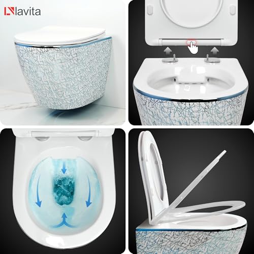 Lavita LAV 101 Vorwandelement für WC 40cm + Wand Hänge Tiefspül WC SOFI SLIM KRESZ Weiß/Blau Spülrandlos + Bedienplatte LAV 200.3.1 Weiß + WC Sitz mit Absenkautomatik Komplettset Unterputz Spülkasten – Bild 6
