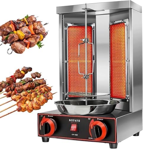 Electric Vertical Kebab Grill - Commercial Meat Rotisserie with Automatic Rotating Skewers, Countertop Design, Indoor Gas Grill Machine, Silver Finish - Double Knob Control