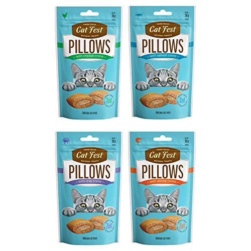 Image of BarkButler x Catfest Pillows with Chicken+Shrimp+Crab+Salmon Creamy Filling Cat Treat Combo Pack,30gx4|Made with Natural Ingredient|0% Artificial Flavor,Colour or Preservative|for All Cat&kitten Breed