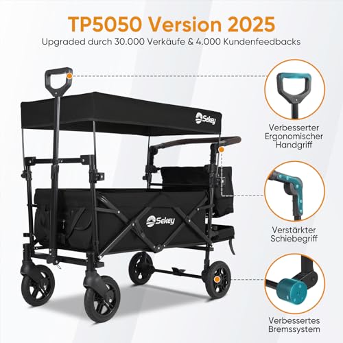 Sekey Bollerwagen Faltbar mit Dach 2 Kinder 100KG, Faltbarer Bollerwagen Handwagen Schiebegriff, Kinderwagen Stoßfest PU Räder mit Bremsen 110L, SS5050, Schwarz
