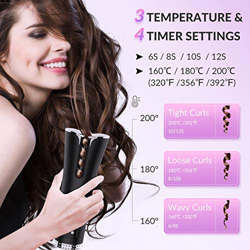 Automatic Curling Iron, Xpreen Cordless Hair Curler - Auto Rotating Ceramic Hair Curler with 3 Temperature & 4 Timer Settings, Auto Curling Wand Portable Rechargeable for Hair Styling