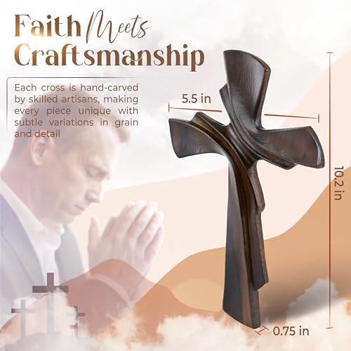 DAICAT - Hand-carved Cross,Wooden Cross for Wall Decor 9.8 In Rustic Crucifix Gift for Mom Wall Crosses Unique Gifts for Teen, Boy or Baptism (No 1)