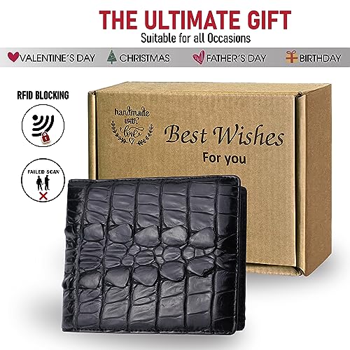 Black Croc Bifold Wallet Men With Flip Out ID Holder Credit Card Holder Premium RFID Blocking Front Pocket Leather Handmade Gift For Birthday Wedding Anniversary Father's Day VINAM-994
