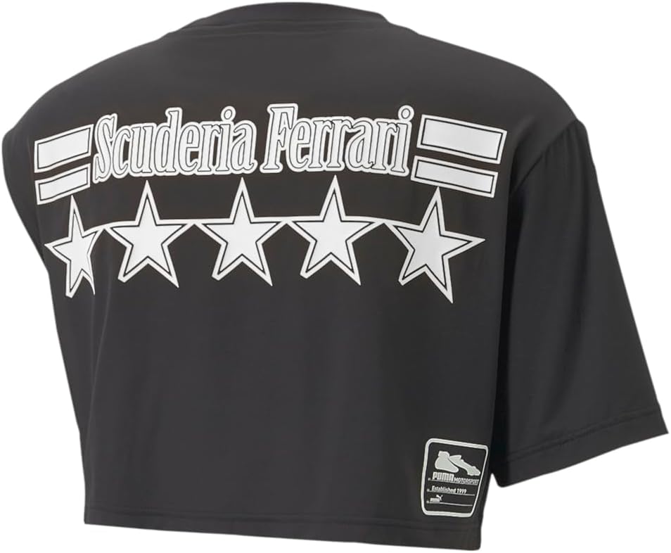 PUMA Womens Scuderia Ferrari Race June Ambrose Asymmetric Crew Neck Short Sleeve Casual Tops Casual - Black