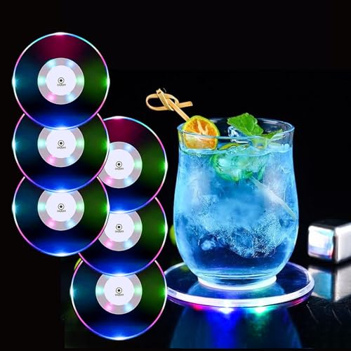 MEDOYOH 6er-Set Bunt LED Untersetzer für Getränke ON/Off Wasserdicht Rund Untersetzer Acryl für Gläser Flaschen Partys Hochzeiten Bar Weihnachten Pub