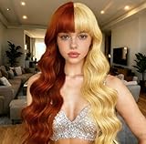 EVLYNN Blonde and Brown Wigs With Body Wavy Air Bangs Half Brown and Half Gold Wig Cap for Women Long Curly Heat Resistant Synthetic Blonde Wig for Daily Party Cosplay in 24 Inch