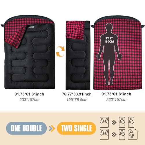 Image of Double Sleeping Bag Flannel for Adults with 2 Pillows 2 Person Sleeping Bags Camping XXL Queen Size Two Person Sleeping Bag for Cold Weather