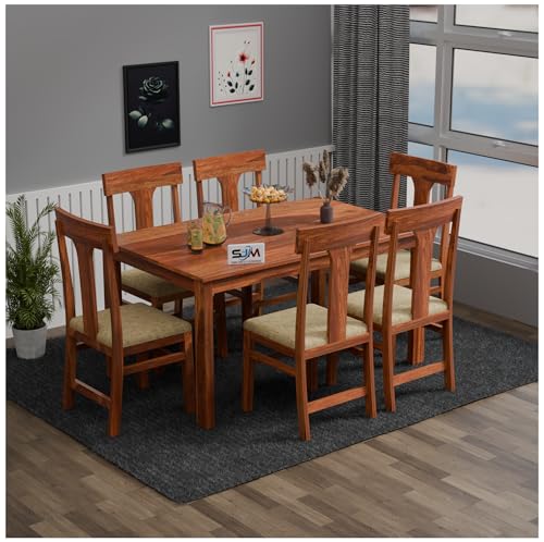 Image of Rajasthan King Solid Wood 6 Seater Dining Set With Classic T-Back Design Cushion Chairs| Wooden Dining Table Set For Dining Room|Kitchen| Finish Color - Honey Teak Finish|