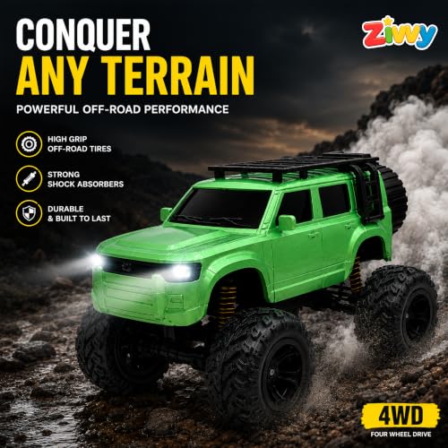 Image of Big Green Remote Control Car Toy | Defender | Smoke and LED Light | Monster Truck Remote Control 4x4 | Rechargeable Car | 2.4G Remote Control | High Speed | 100m Range | Birthday Gift for Kids