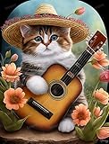 1000 Pieces Puzzles for Adults - Straw Hat Pussycat Playing Guitar Fun Educational Game Decompressing Intellectual Puzzles Gift for Easter Hallowen Christmas Birthday