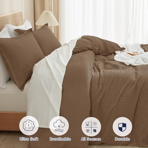 Image of PHF Waffle Duvet Cover Set King Size, No Snagging Ultra Soft Luxury Textured Breathable Comforter Cover for All Season 3pcs, Durable Bedding Duvet Set with 2 Pillow Shams, 104 inchx90 inch, Mocha