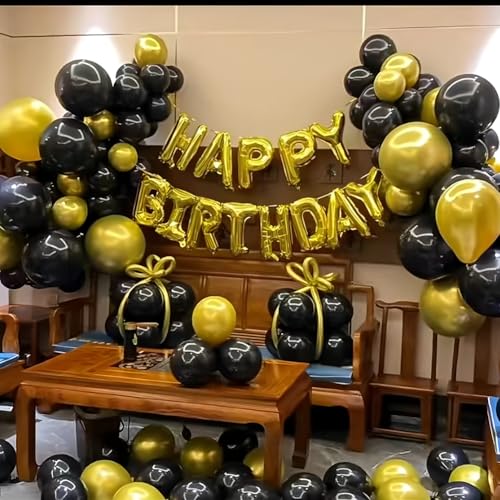 Image of 200 Pcs Black and Gold 5 Inch Balloons Metallic Chrome Gold Black Latex Thicken Small Balloon for Wedding Birthday Graduation Baby Shower Christmas Halloween Valentine's Day Party Decorations