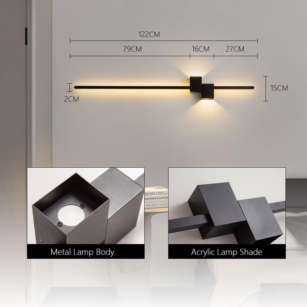 Applique murale LED longue - Lampe murale LED modernes longue bande linéaire Luminaires muraux d'intérieur 24W 48inch 3000K Blanc chaud Applique muraux pour salon chambre salle de bain, noir