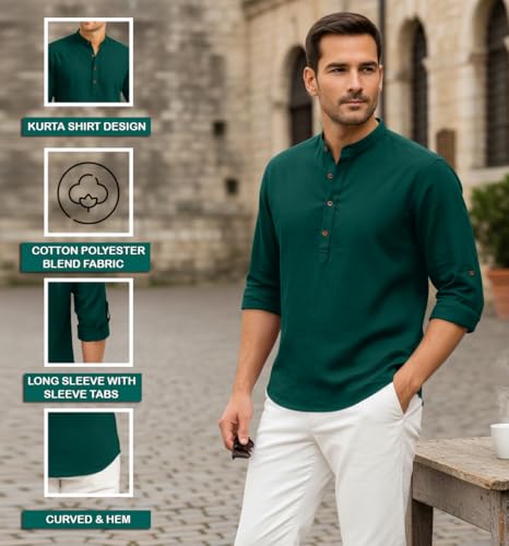 Image of Zombom Men's Cotton Blend Kurta Shirt with Full Sleeves Mandarin Collar Neck Solid Pattern for Men Regular Fit Ethnic Wear Casual Festive Top Modern Style | Cotton Shirt for Mens