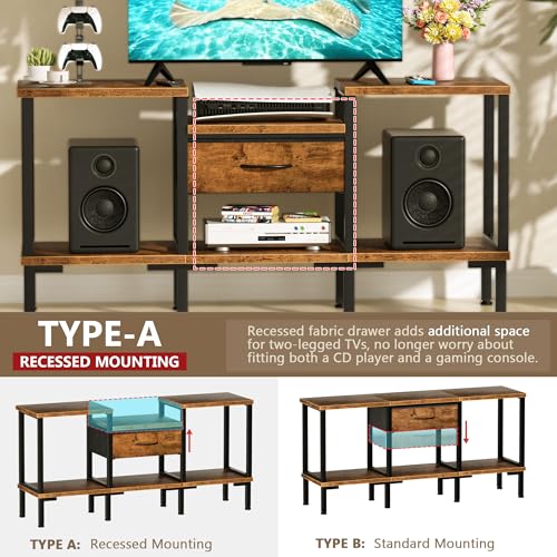 Image of GYIIYUO 47 inch TV Stand for 55 /50 /45 Inch TVs, Rustic Brown | Power Outlet, LED Light, Fabric Drawers, Open Storage, Industrial Style, Living Room & Bedroom