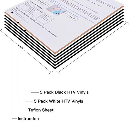 Image of JANDJPACKAGING Heat Transfer Vinyl HTV Bundle - 5 White and 5 Black 12 inch X 10 inch Iron on Vinyl, HTV Vinyl for Cricut Silhouette Cameo Heat Press Machine with Teflon Sheet Included