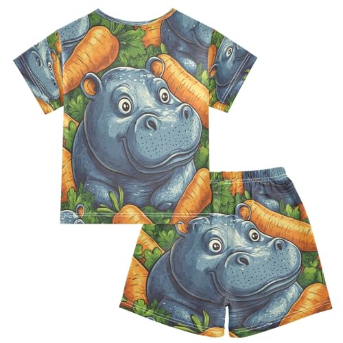 Pajama Sets Short Sleeve Cute Hippo Among Carrots Soft Cotton Summer Sleepwear 2 Piece PJS Size 5-14T2