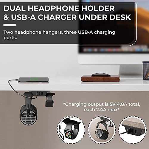 HumanCentric Hook and Charge Headphone Hanger with USB Charger, Under Desk Headphone Mount + Headphone Stand, Charge Accessories with 3 USB A Ports, Hook Headphones on Headset Holder Desk Hook, Black - Thumbnail 3