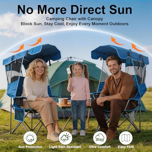 Image of Romswi Large Folding Canopy Camping Chairs for Adult 2 Pack, Portable Outdoor Chairs with Sunshade,Cup Holder & Side Pocket for Camping, Fishing, Beach, Backyard, Sea Blue