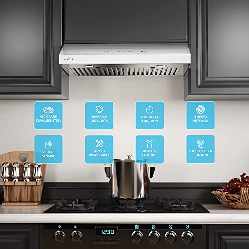 IKTCH Upgrated 30″Under Cabinet Range Hood, 900 CFM Ducted Range Hood with 4 Speed Fan, White Stainless Steel & Tempered Glass Range Hood 30 inch with Gesture Sensing&Touch Control Making life Smarter