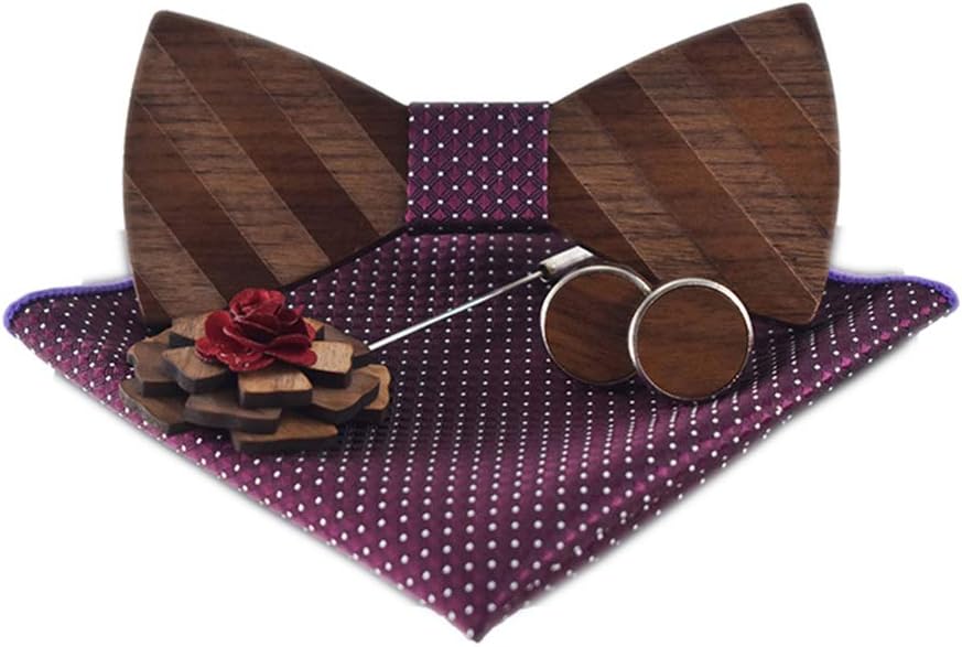 Secdtie Pre-Tied Wood Bow Ties Set for Men Big Boys with Matching Pocket Square Cufflinks Lapel Flower Brooch Set Gift Box