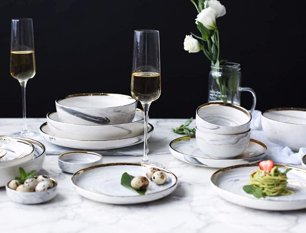 7 pièces marbre Blanc Vaisselle en céramique Salade de Riz Nouilles Bol Assiette à Soupe Ensembles de Vaisselle Vaisselle Cuisine Outil de Cuisson