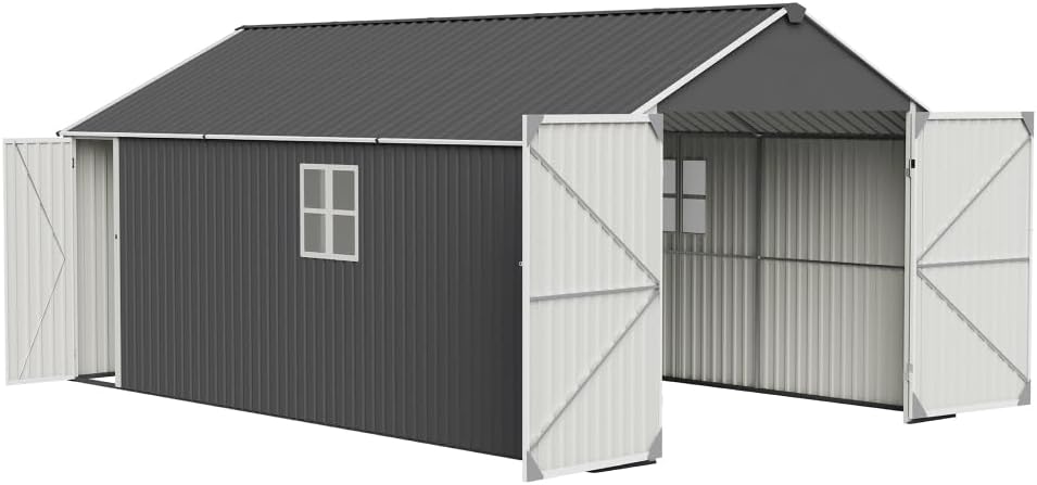 Heavy Duty Metal Garage Shed with Double Doors and Windows for Outdoor Vehicle Storage
