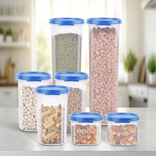 Image of Cutting EDGE Smart Slim Storage Airtight Container-Light Blue,Set of 7 | Plastic material, size - 2x1.1L+3x585ml+2x250ml , pantry organization, pulses storage, grains storage, kitchen Storage