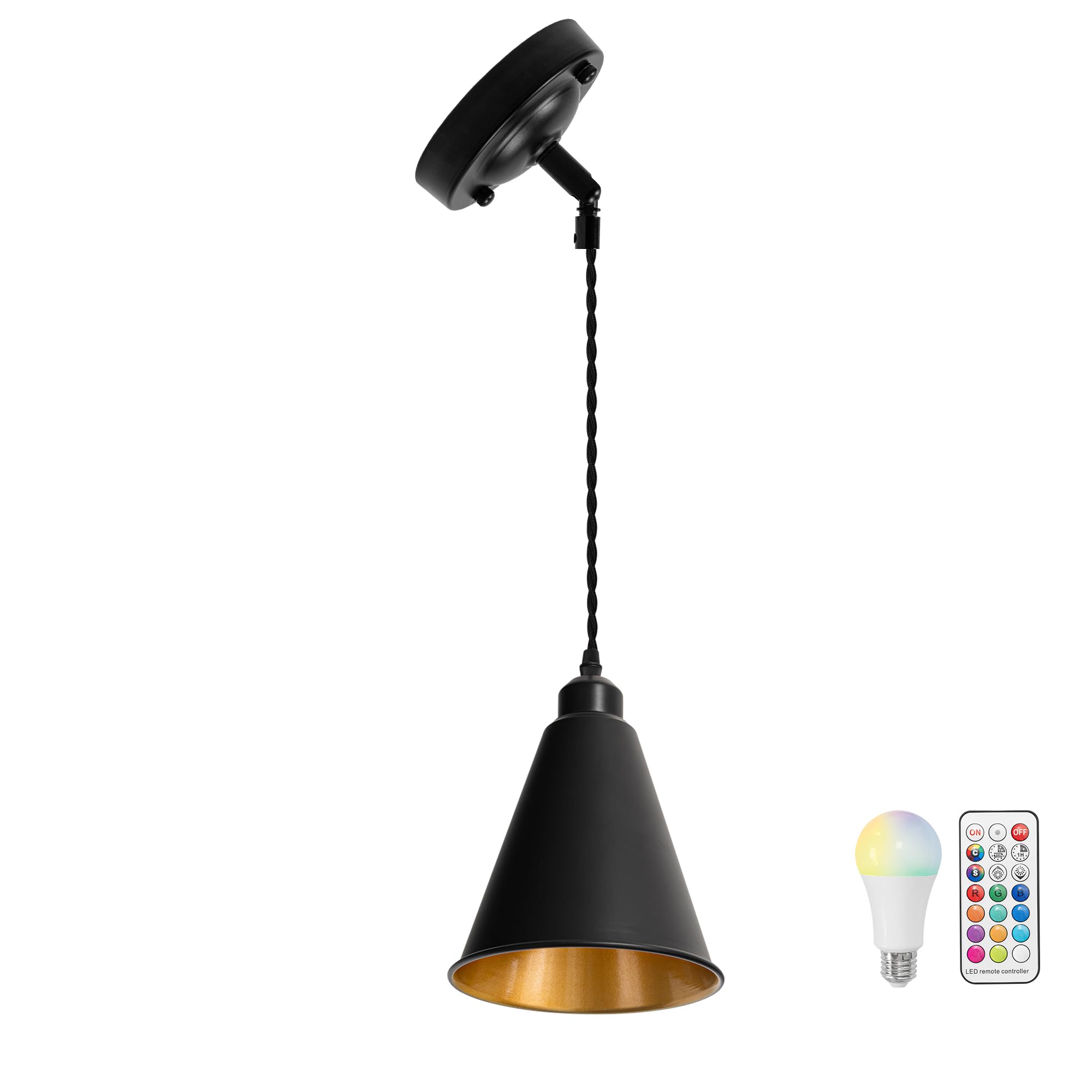 Sloped Position 3.2 Ft Adjusted Black Twisted Cord Ceiling Light Fixture E26 Base Inner Gold Cone Shade Black Vintage Remote Dimmable Hanging Lamp for Inclined Roof
