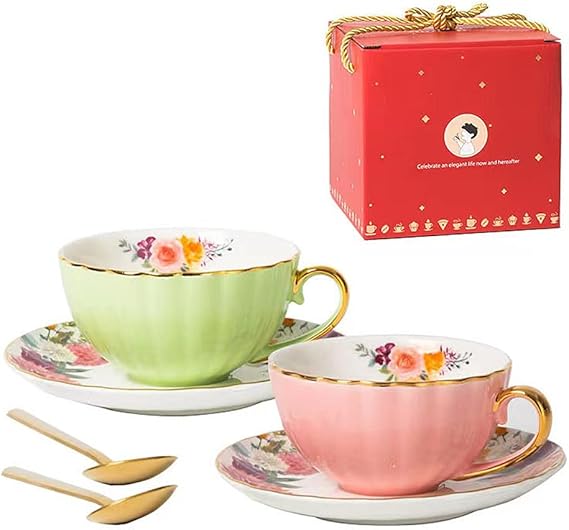 Porcelain Tea Cup with Saucers and Spoon, 2 Sets of 8 Oz Floral Coffee