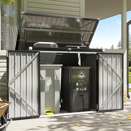Breezestival 80 Cu. Ft Outdoor Trash Can Storage, 5x3 Ft Outdoor Storage Shed, Horizontal Metal Shed w/Lockable Doors & Waterproof Lid Chain - Holds Trash Cans, Garden Tools for Patio/Garden/Backyard
